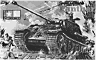小松崎茂先生の手になる「パンサー戦車」のボックス・アート。記念すべき小松崎アートの第１号となるが、売れ行きもまた好調であった。