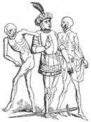 死神にエスコートされる騎士。あらゆる年齢、身分の男女が骸骨の姿をした死神に導かれて踊る「死の舞踏（ダンス・ド・マカーブル）」は15世紀に多く描かれたテーマである。